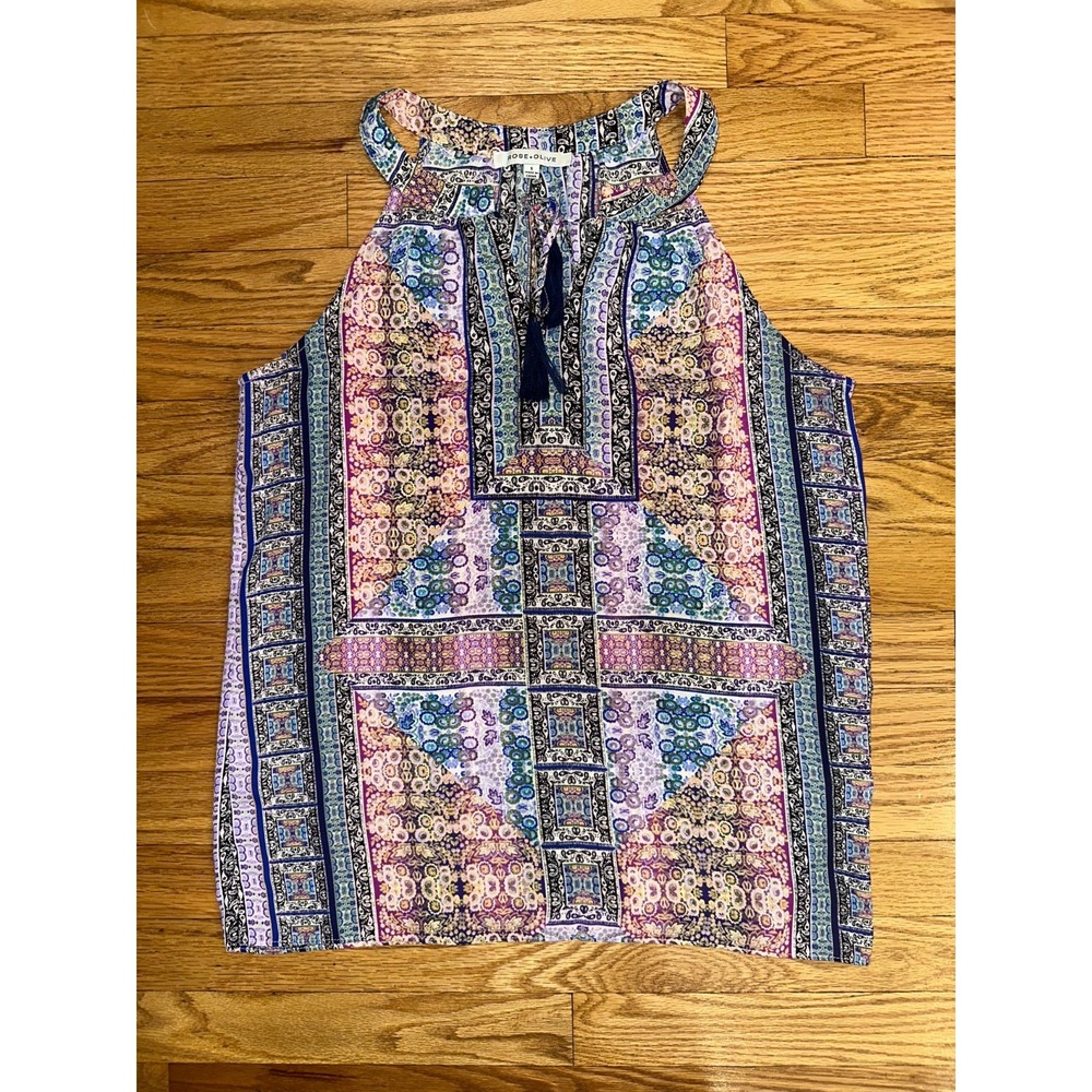 Rose & Olive Blouse Top Women's Small Multi Paisley Floral Sleeveless Tie Front